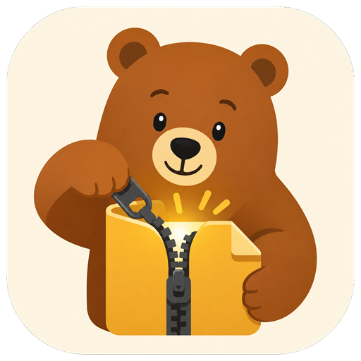 unpakr logo: a brown bear unzipping a yellow folder